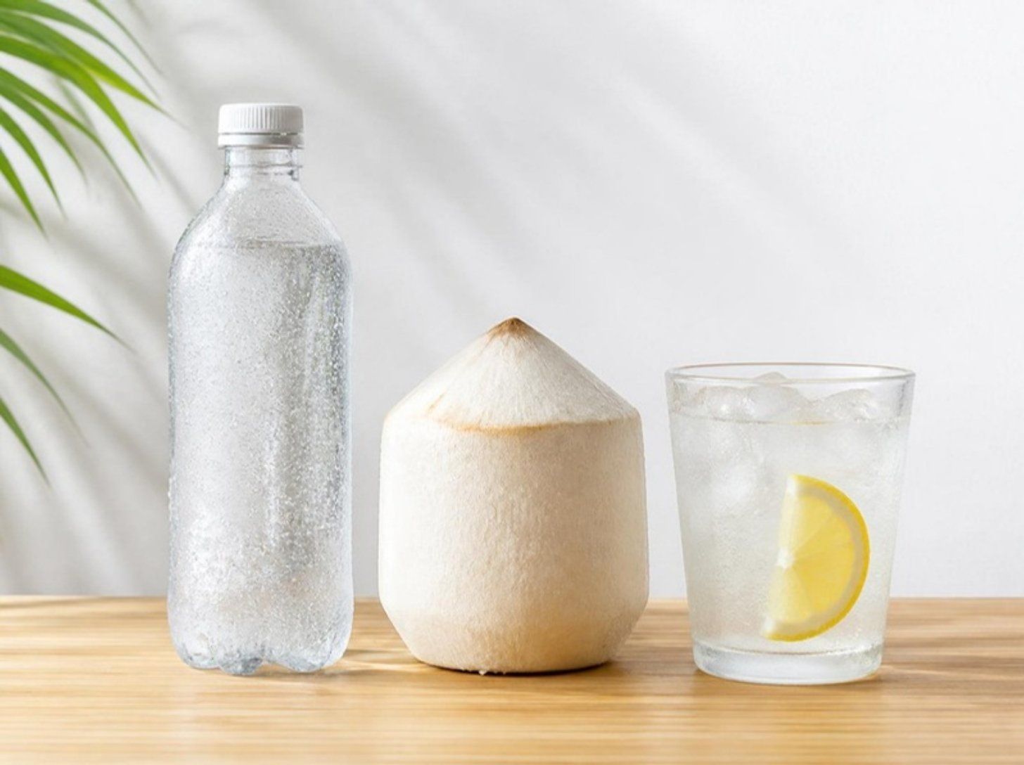 A bottle of water, a fresh coconut and electrolyte water with lemon