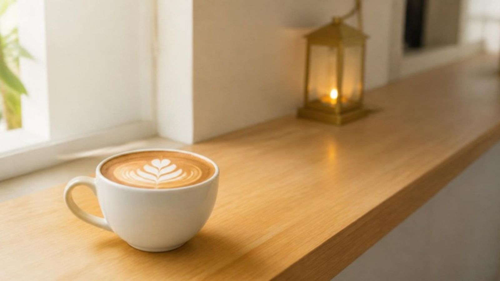 A latte on a light bamboo counter beside a softly glowing lantern