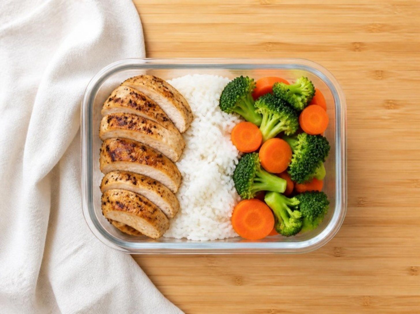 A prepared meal of sliced chicken, rice, broccoli and carrots